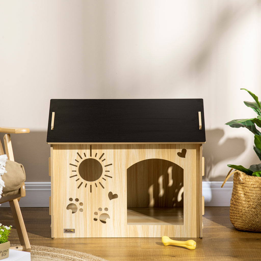 PawHut Hundkoja inomhus med dekorativa ventilationshål – Ek/Svart – 69 x 50 x 58,5 cm