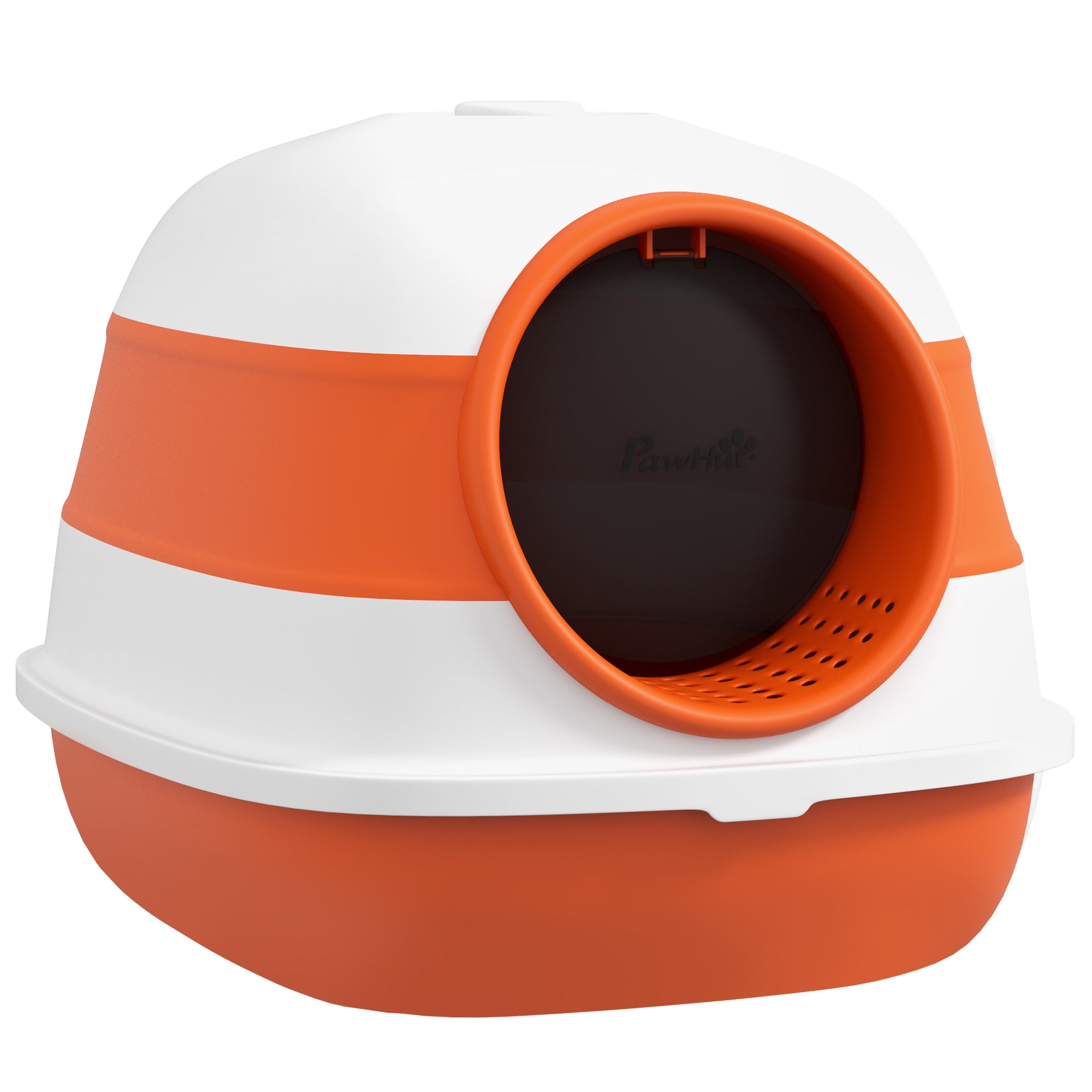 Produktvy av den runda stängda kattlådan i orange och vitt som visar ingången och designen med den medföljande ströspaden fäst på taket.