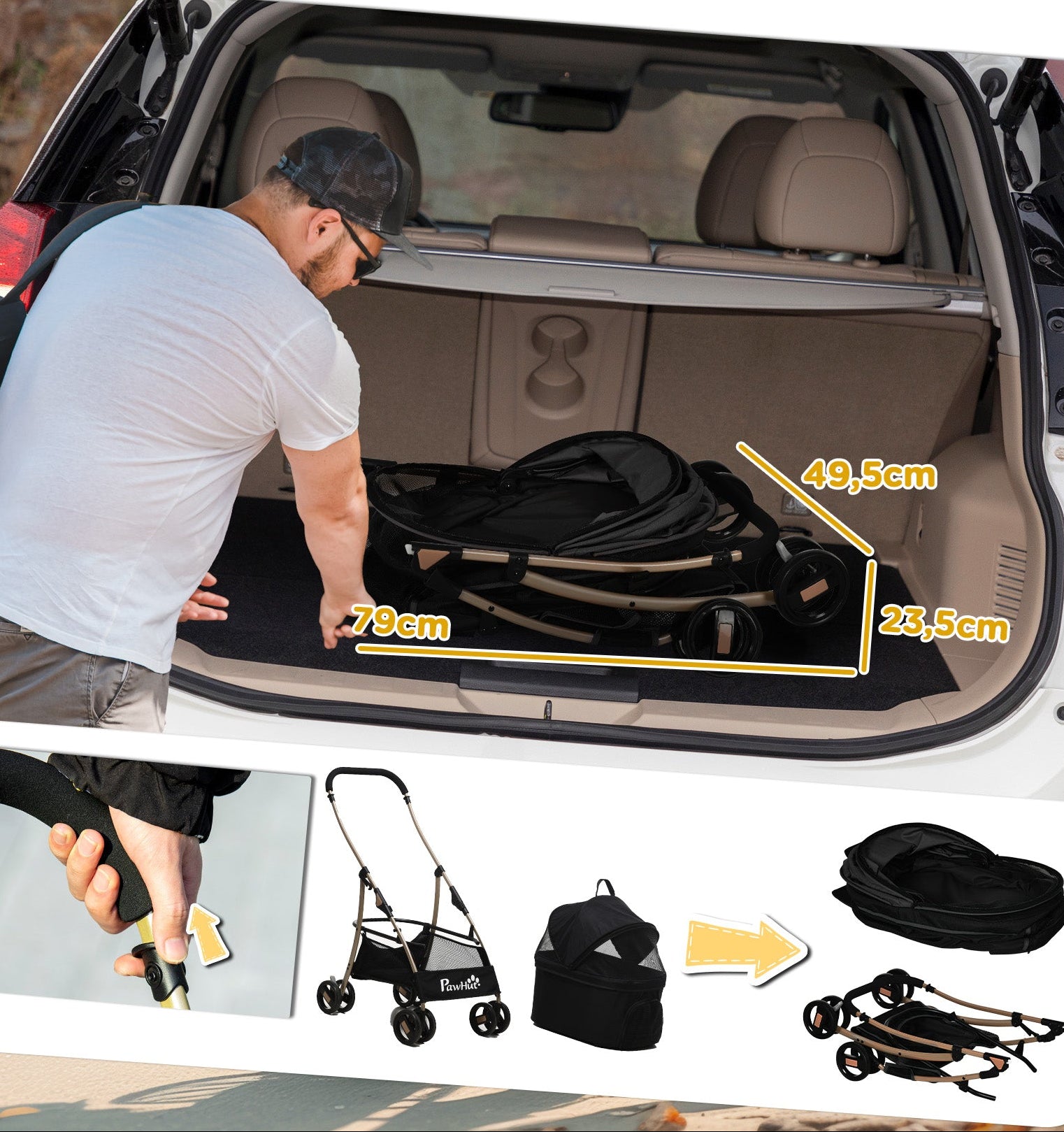 2-i-1 Hundvagn och Löstagbar Transportväska – Svart, upp till 10 kg