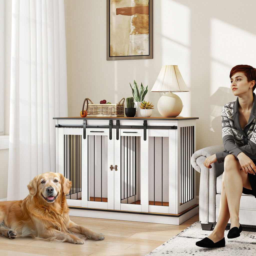 PawHut Dubbel Hundbur Möbel med Skiljevägg – Vit – 120 x 60 x 88,5 cm