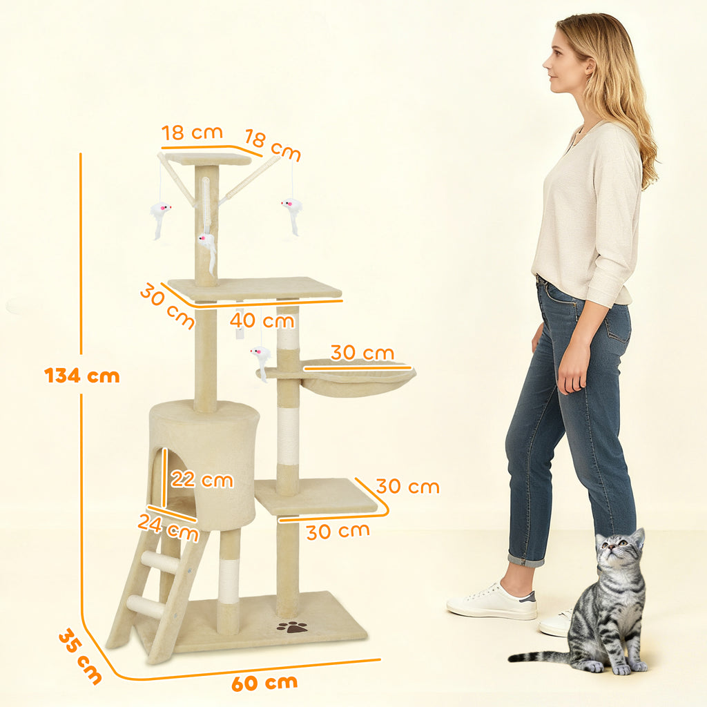 Klösträd med koja, 4 leksaker och sisalstammar, 134 cm högt – Beige