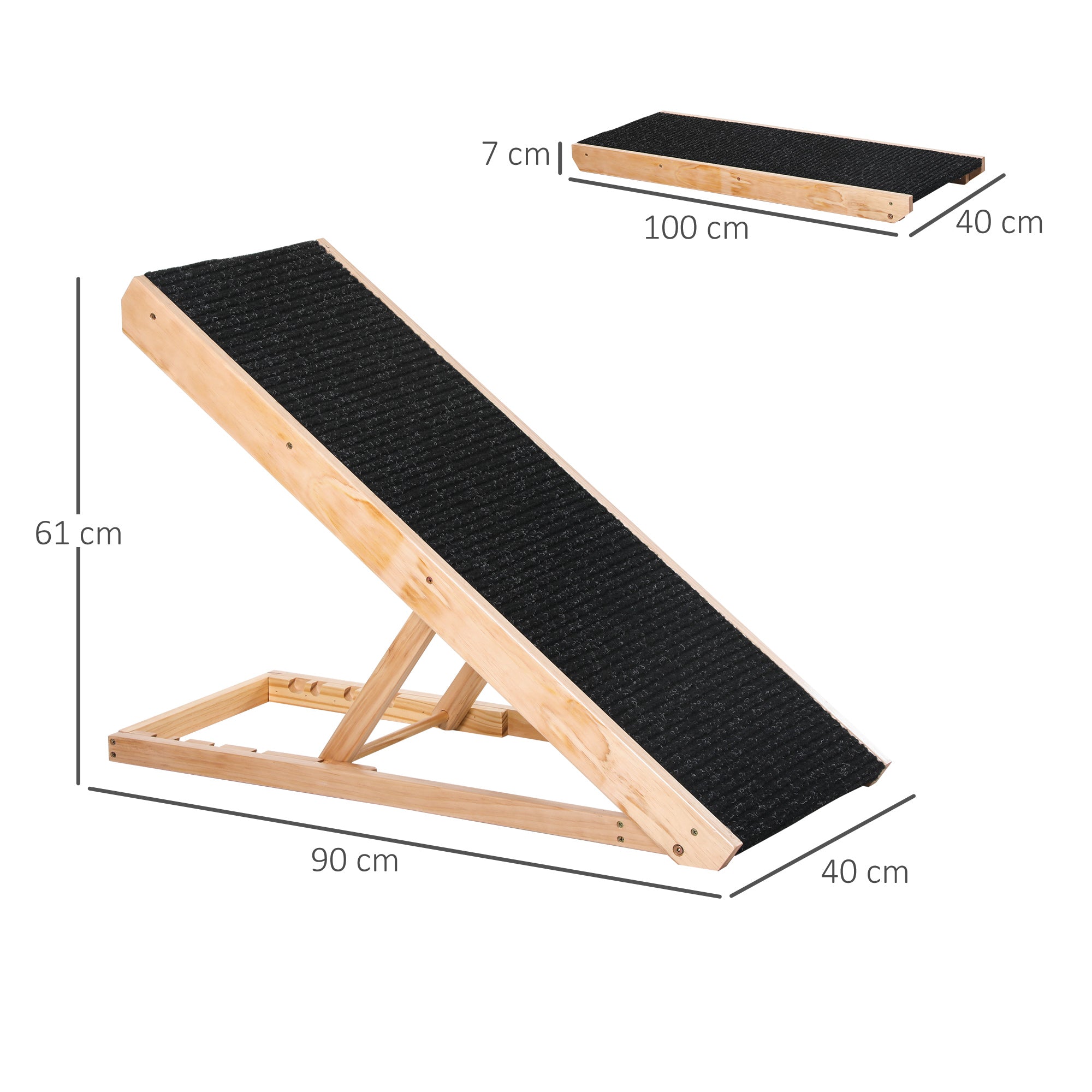 PawHut Justerbar Hundramp i Furu med Halkfri Matta – Natur/Svart – 90 cm