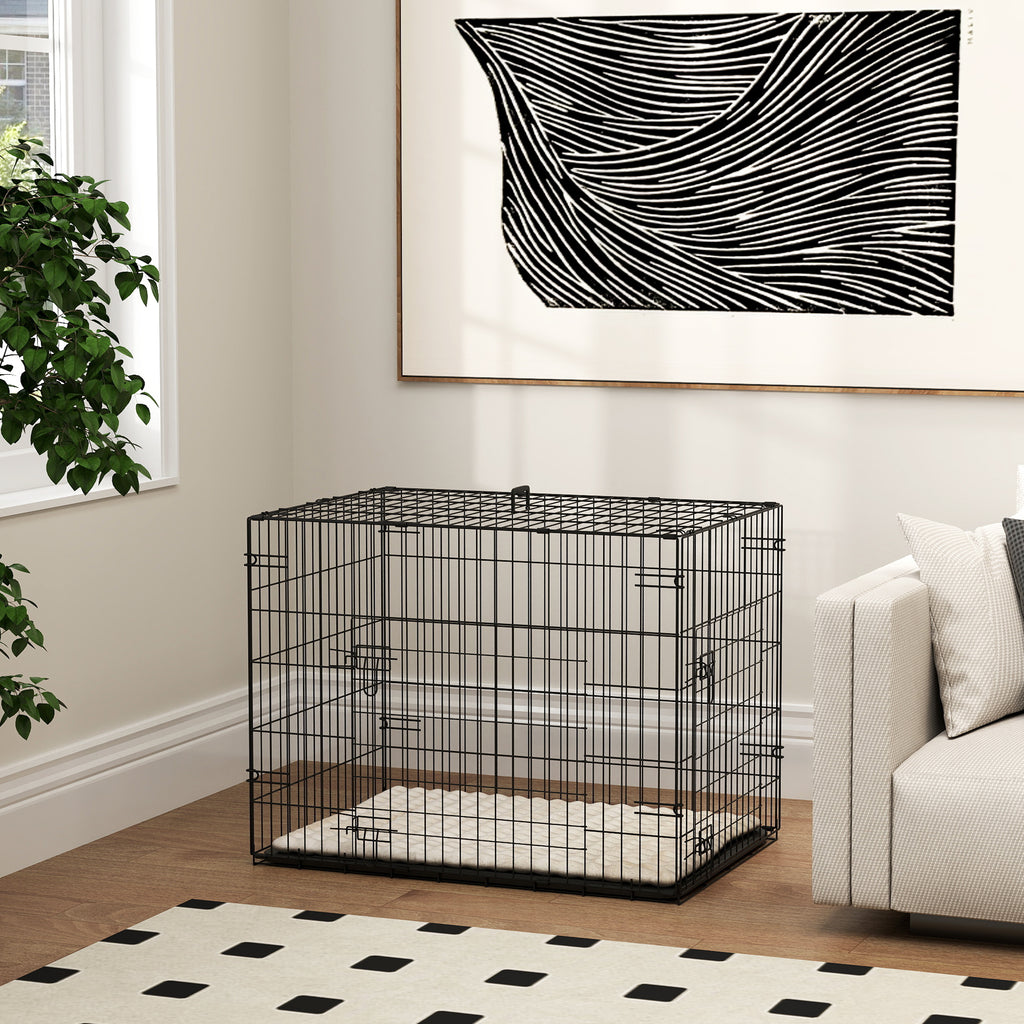 Hopfällbar Hundbur med 2 Dörrar & Mjuk Dyna – Svart (75 cm)