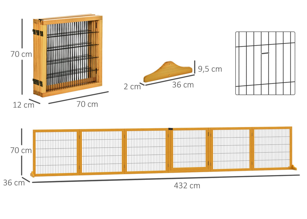 PawHut Justerbart Hundstaket i Massiv Furu – 6 Paneler – Gul – 432 cm
