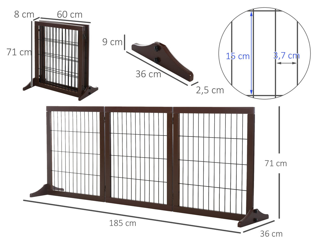 PawHut Fristående Säkerhetsgrind i Massivt Trä – 3 Paneler – Brun – 185 cm