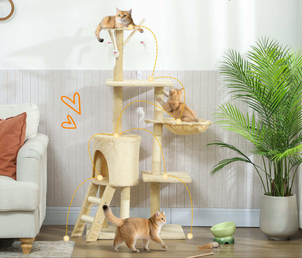 Klösträd med koja, 4 leksaker och sisalstammar, 134 cm högt – Beige