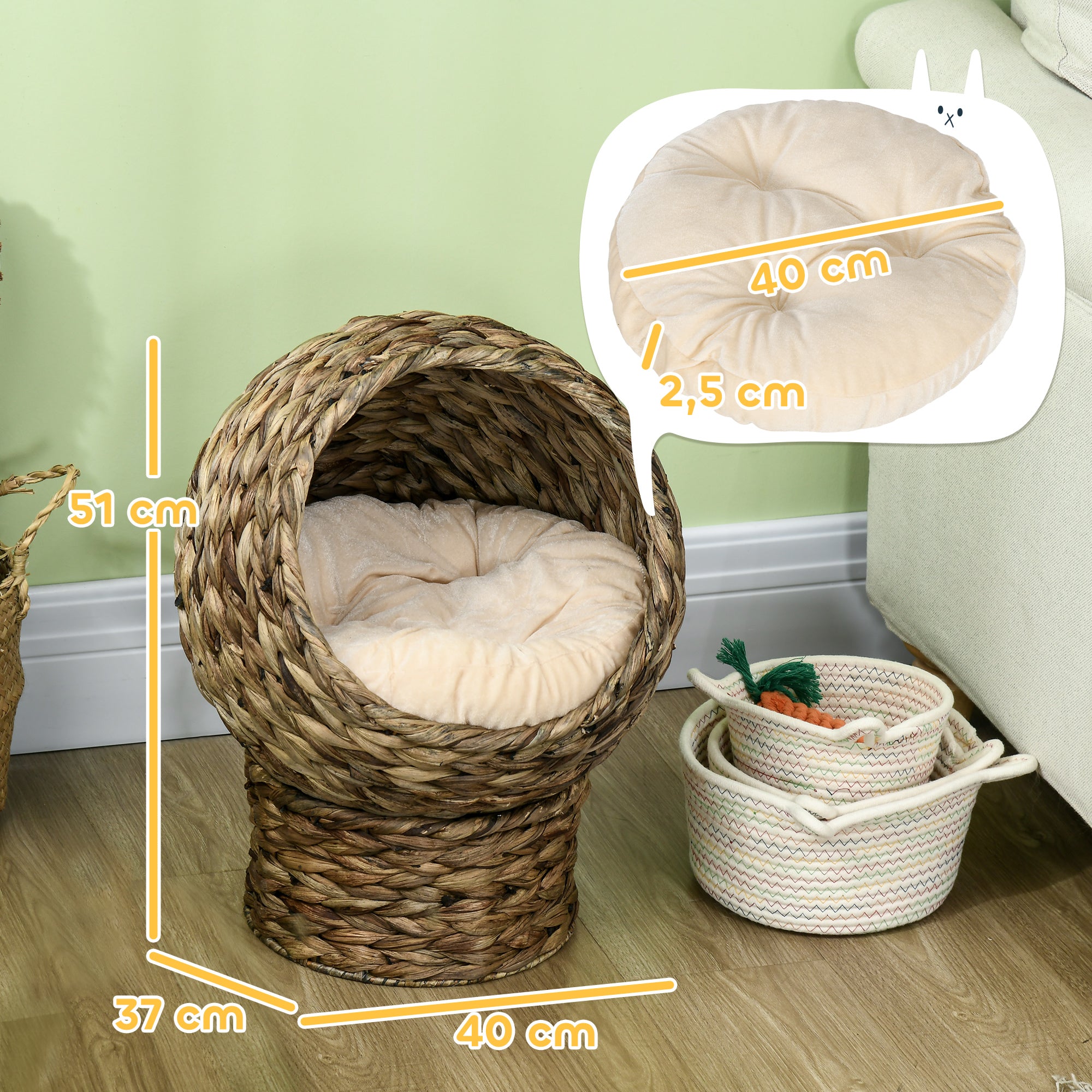Kattgrotta i vattenhyacint med mjuk dyna – Kaffe, 51 cm