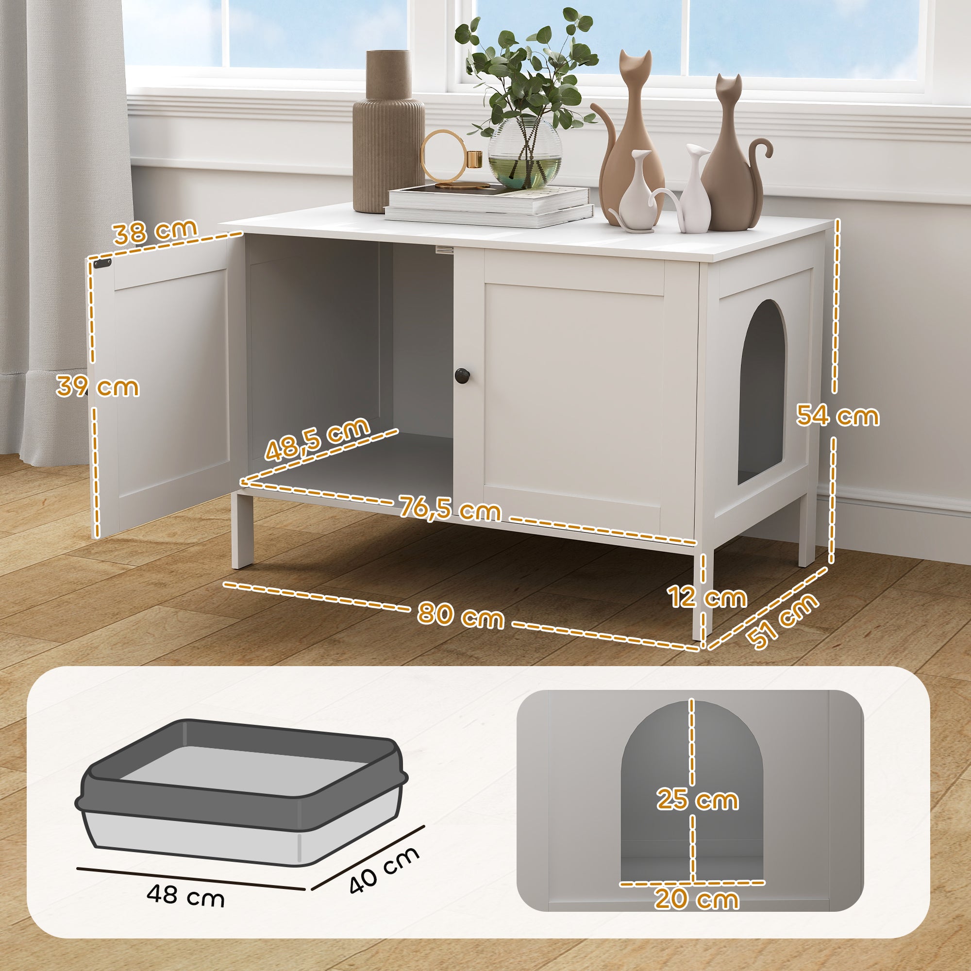Kattlådeskåp med dörr och skiljevägg – Vitt, 80 x 51 x 54