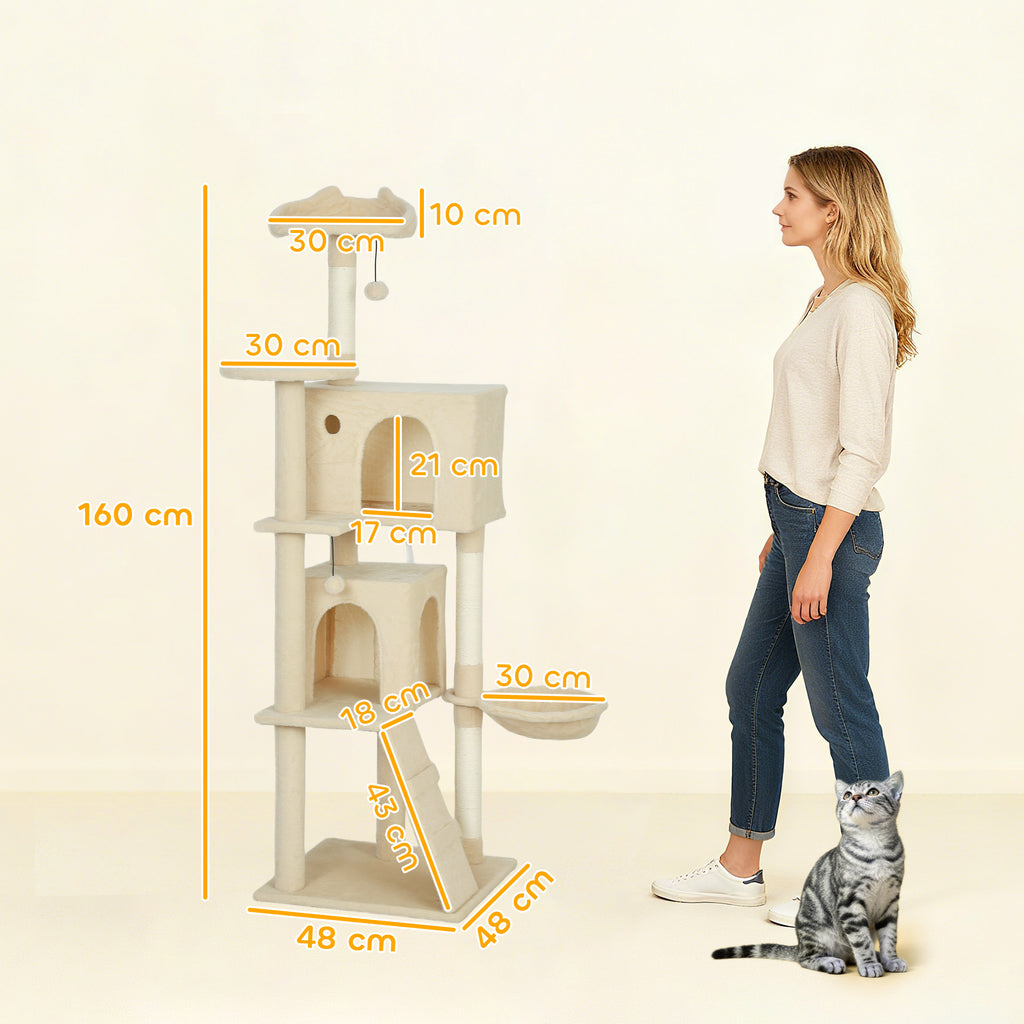 PawHut Klösträd med hängmatta, stege och dubbla kojor, 160 cm högt – Beige/Cremevit