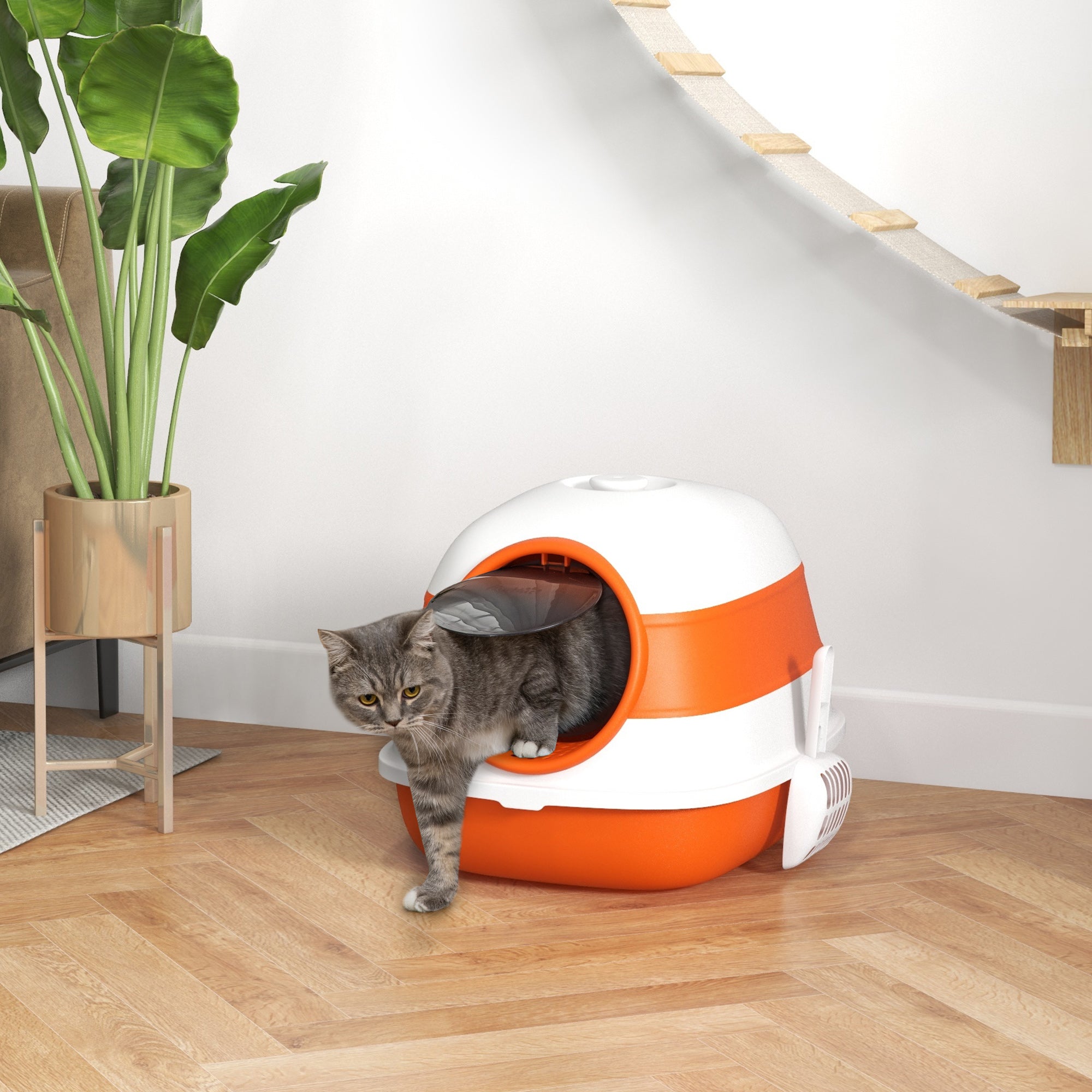 En grå katt kliver ut från en stilren stängd kattlåda i orange och vitt, placerad i ett rum med trägolv och en krukväxt.