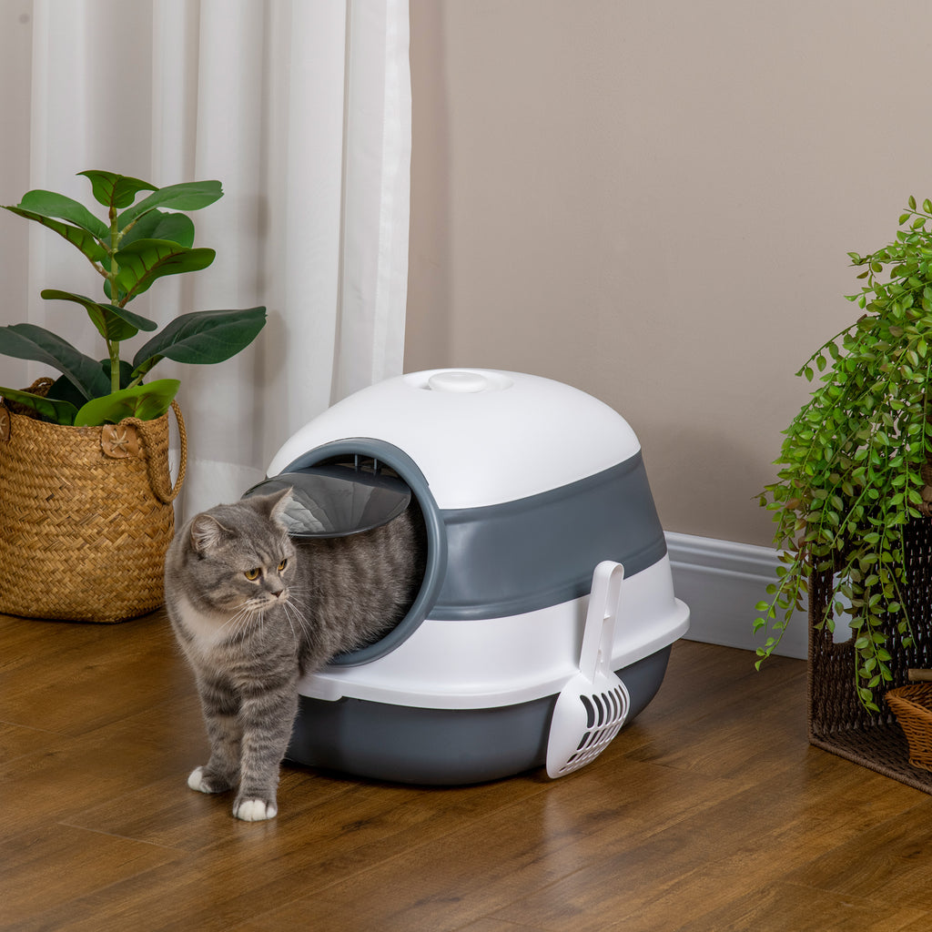 Modern täckt kattlåda i vit och grå design med integrerat doftfilter och ströfångande galler för ett renare hem.