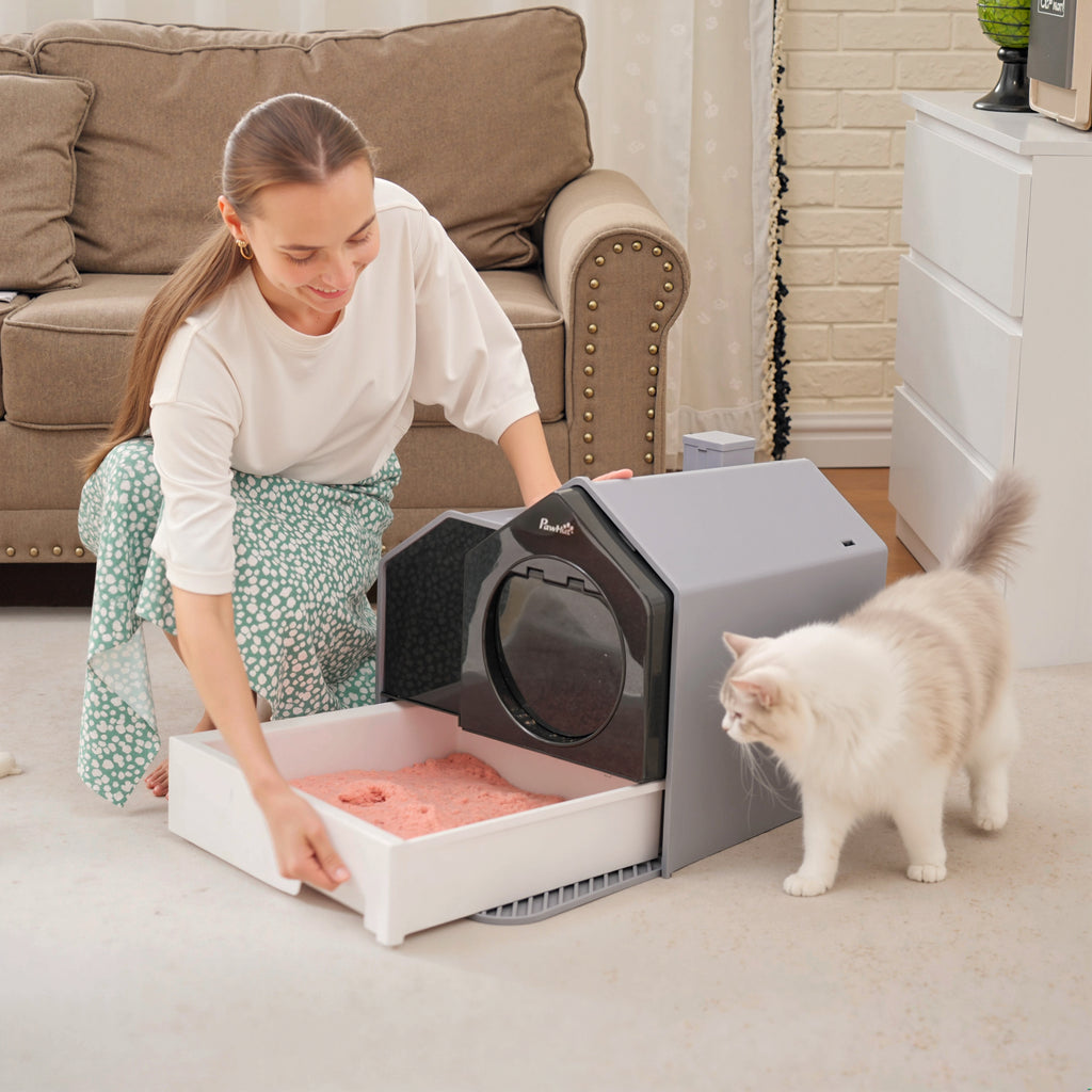 Kattlåda i stugdesign med doftfilter och strömatta – Grå
