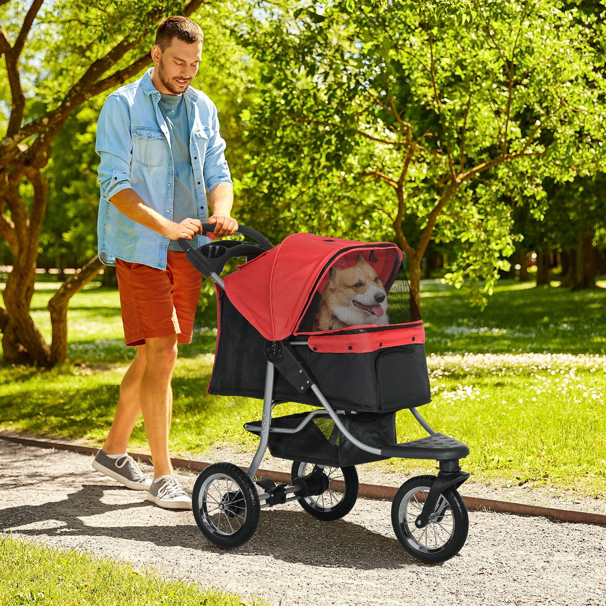 PawHut 3-hjulig Hundvagn för Löpning & Promenad – Röd/Svart – Upp till 10 kg
