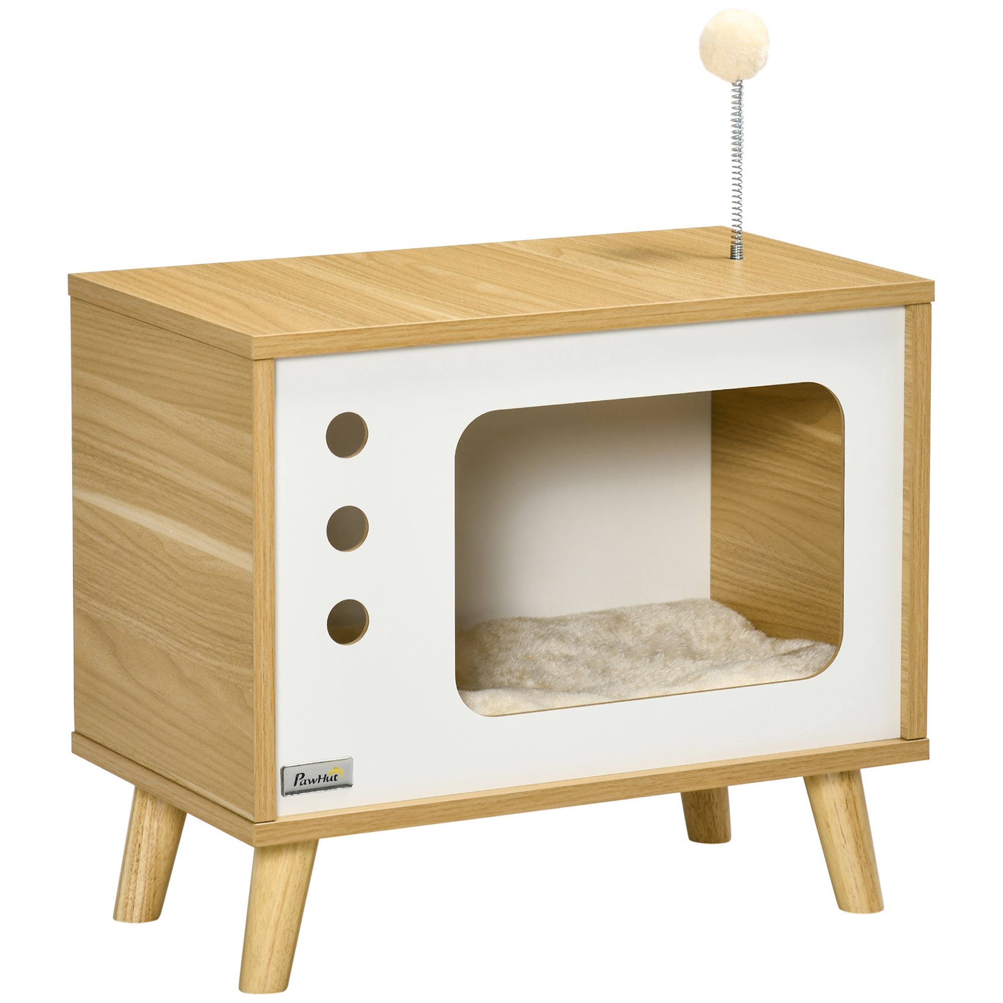 Detaljvy av den TV-formade kattgrottan med en hängande leksaksboll och öppen design som passar perfekt som ett dekorativt sidobord.