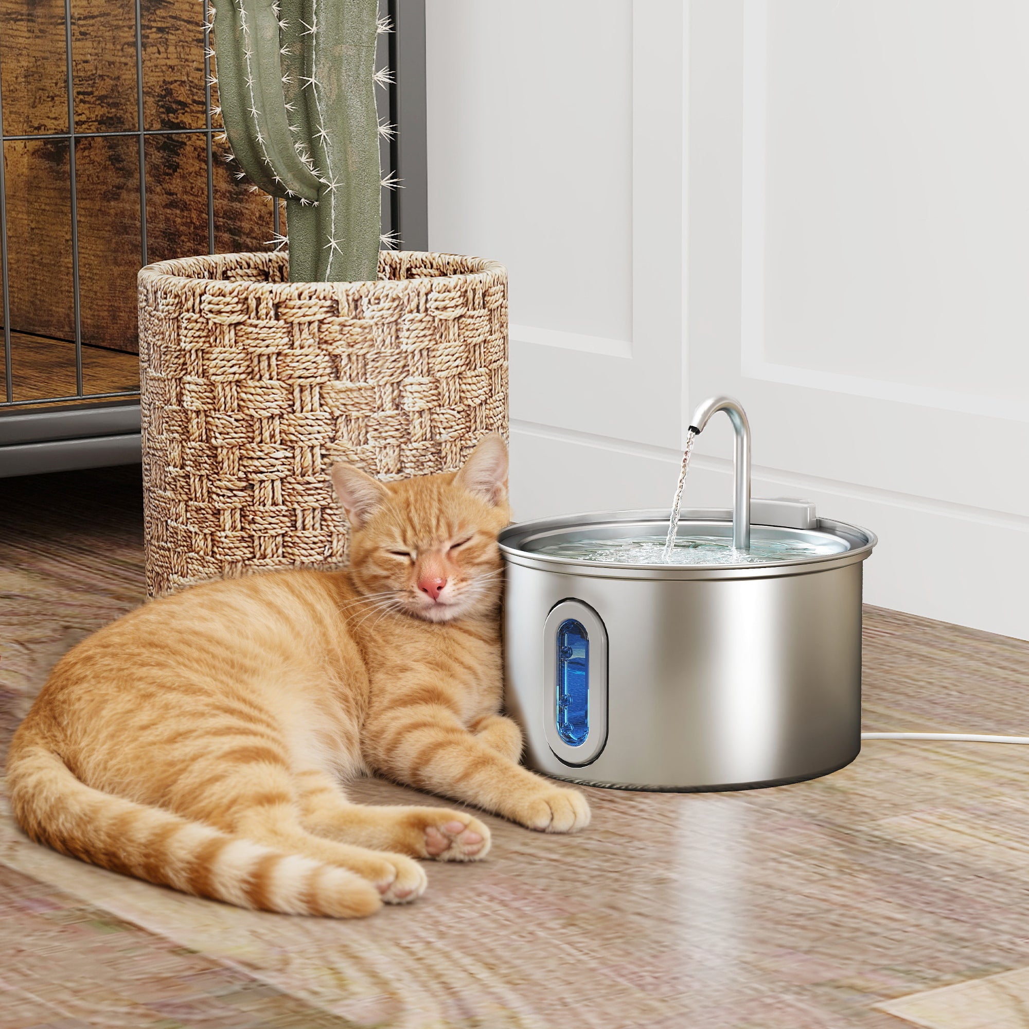 En silverfärgad vattenfontän i rostfritt stål med en kranliknande vattenstråle och blå LED-indikator, placerad bredvid en vilande katt.