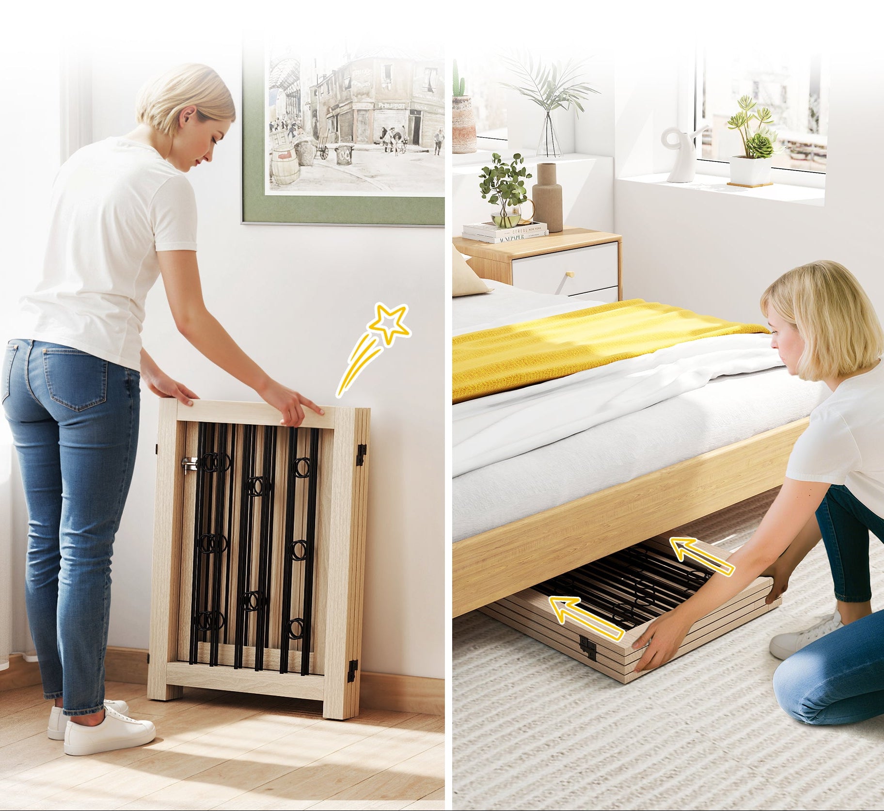 Hopfälld hundgrind som visar hur kompakt den är för enkel förvaring och transport