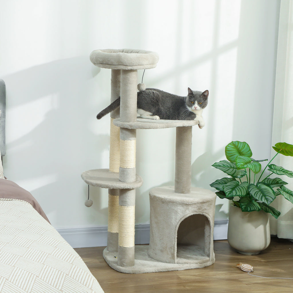 Klösträd med koja och utsiktsplatser, 114 cm högt – Ljusgrå