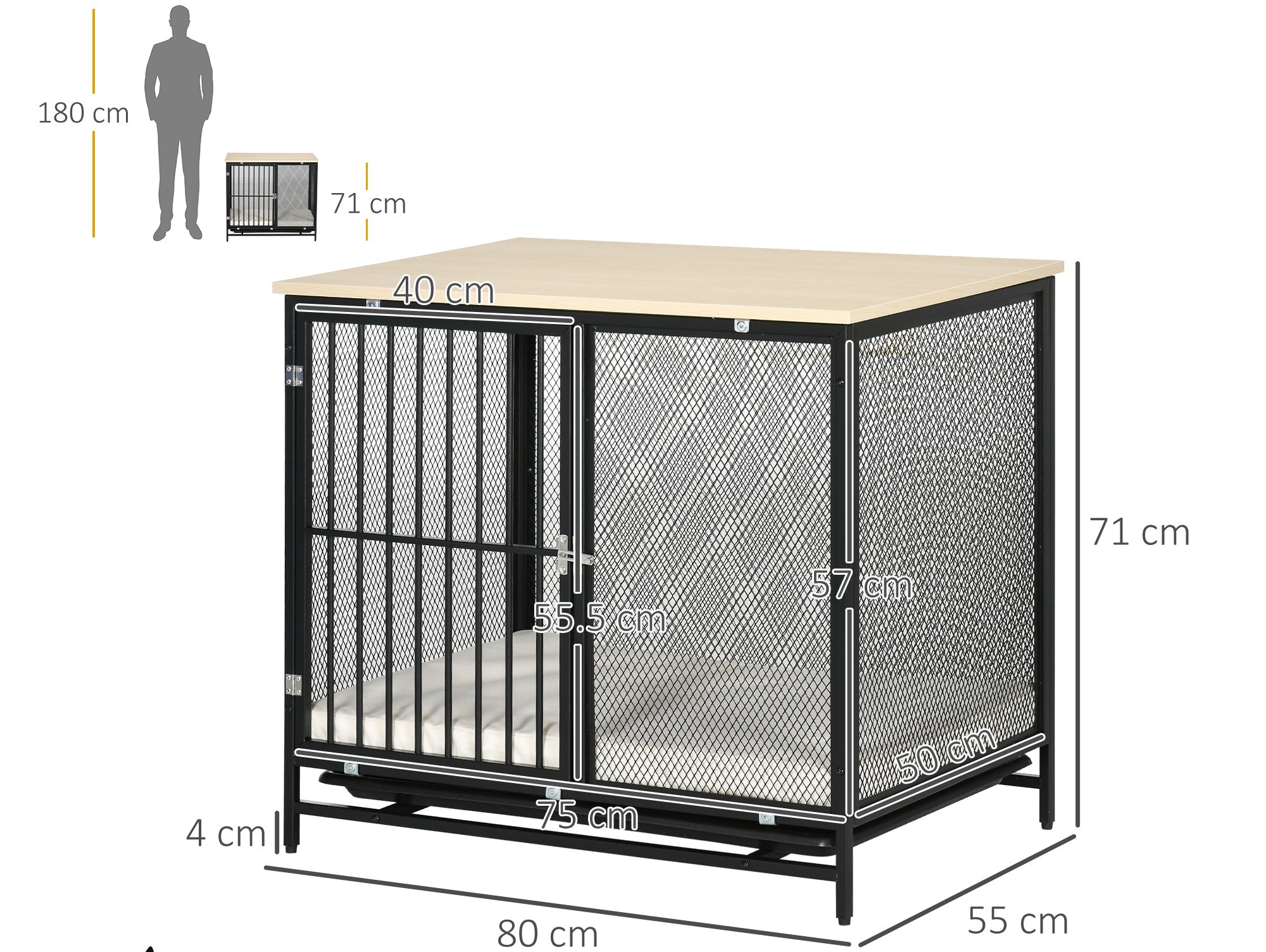 PawHut Dekorativ Hundbur med utdragbar bricka – Ek/Svart – 80 x 55 x 71 cm