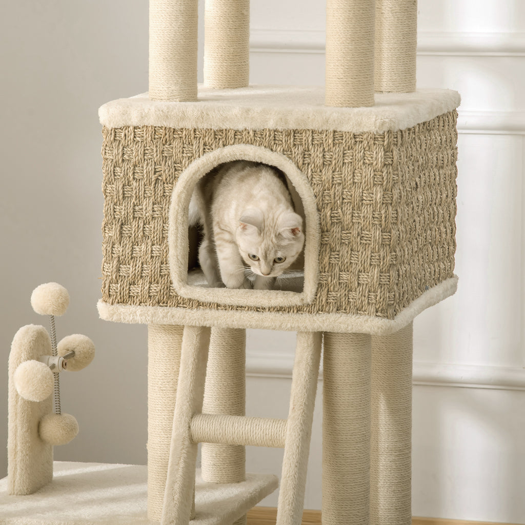 Klösträd 131 cm med kattgrotta, stege och leksaker – Khaki/Beige/Kaffe