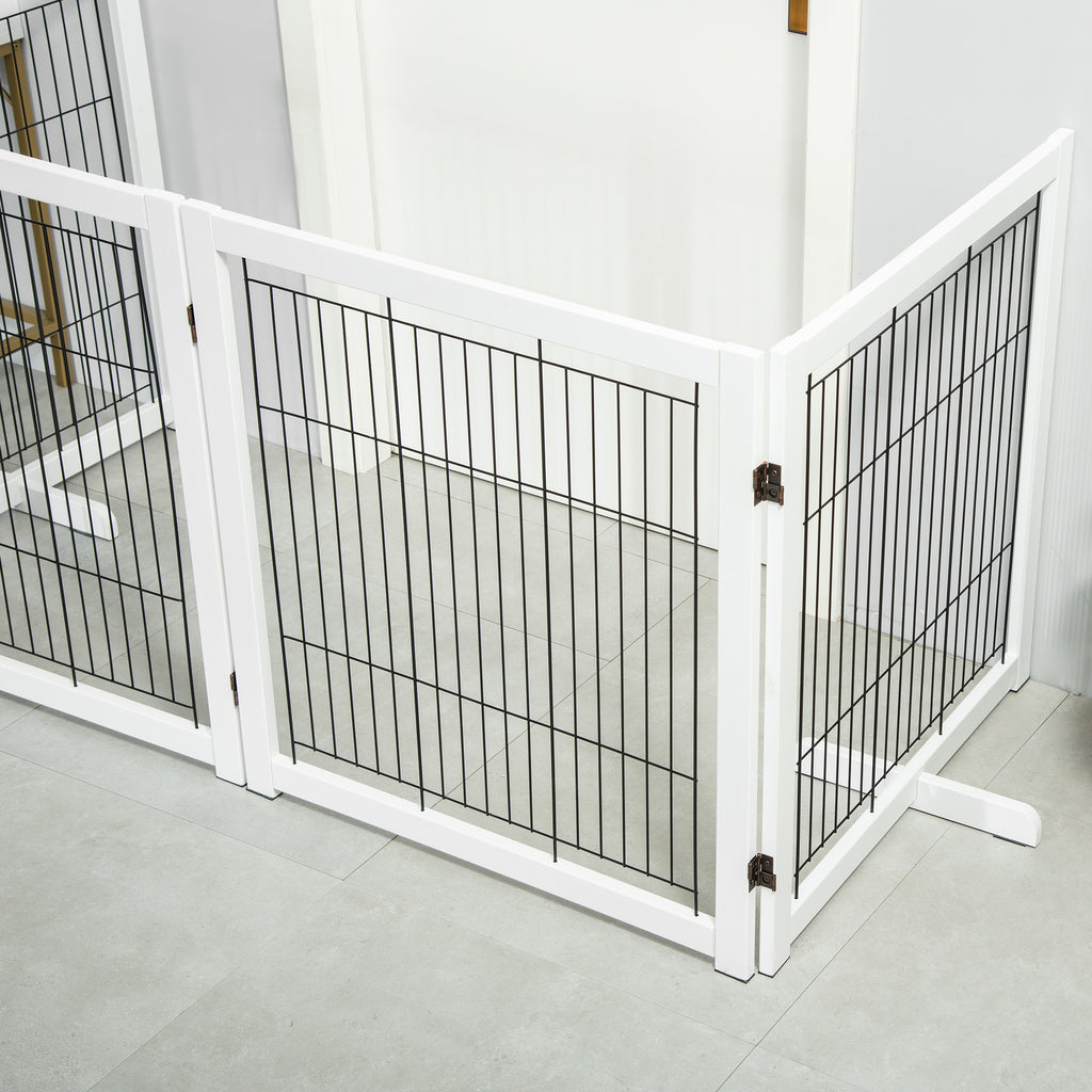 PawHut Fristående Säkerhetsgrind i Trä – 4 Paneler – Vit – 305 x 82 cm