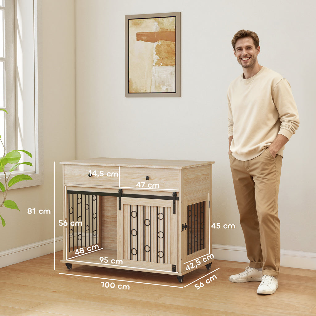 Hundbur i Möbelstil med Lådor & Hjul – Skjutdörr & Robust Design (Ek/Svart)