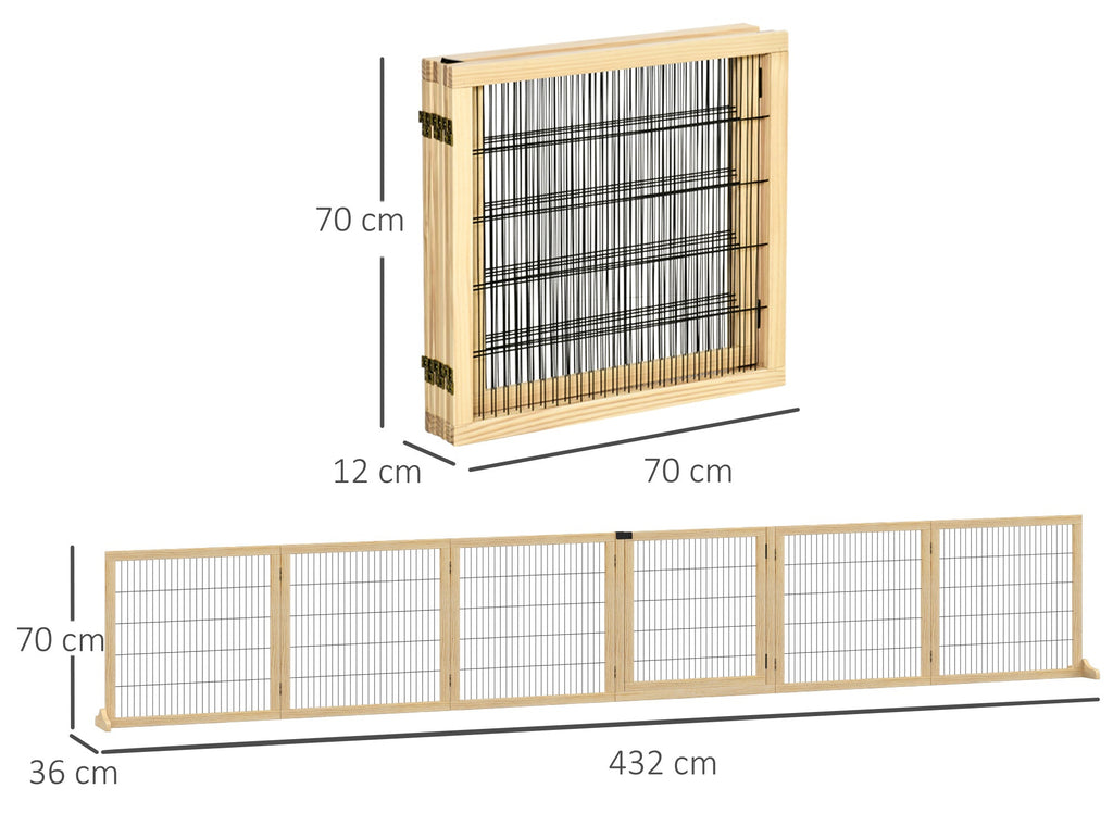 PawHut Justerbart Hundstaket i Massiv Furu – 6 Paneler – Natur – 432 cm