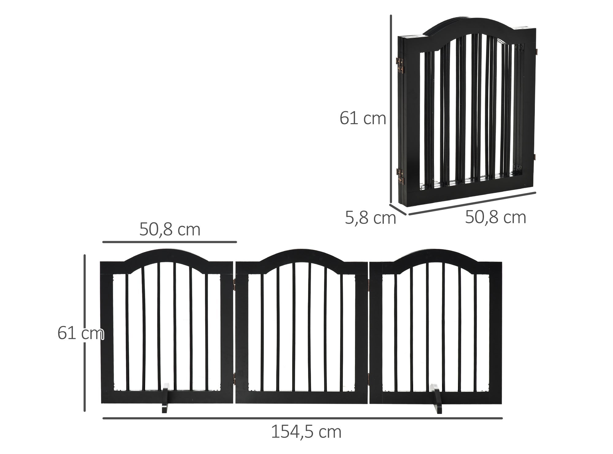 PawHut Fristående Säkerhetsgrind i Trä – 3 Paneler – Svart – 154 cm