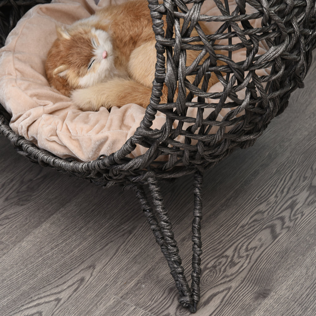 Modern kattgrotta i rottingstil med dyna – Silvergrå, 58 cm