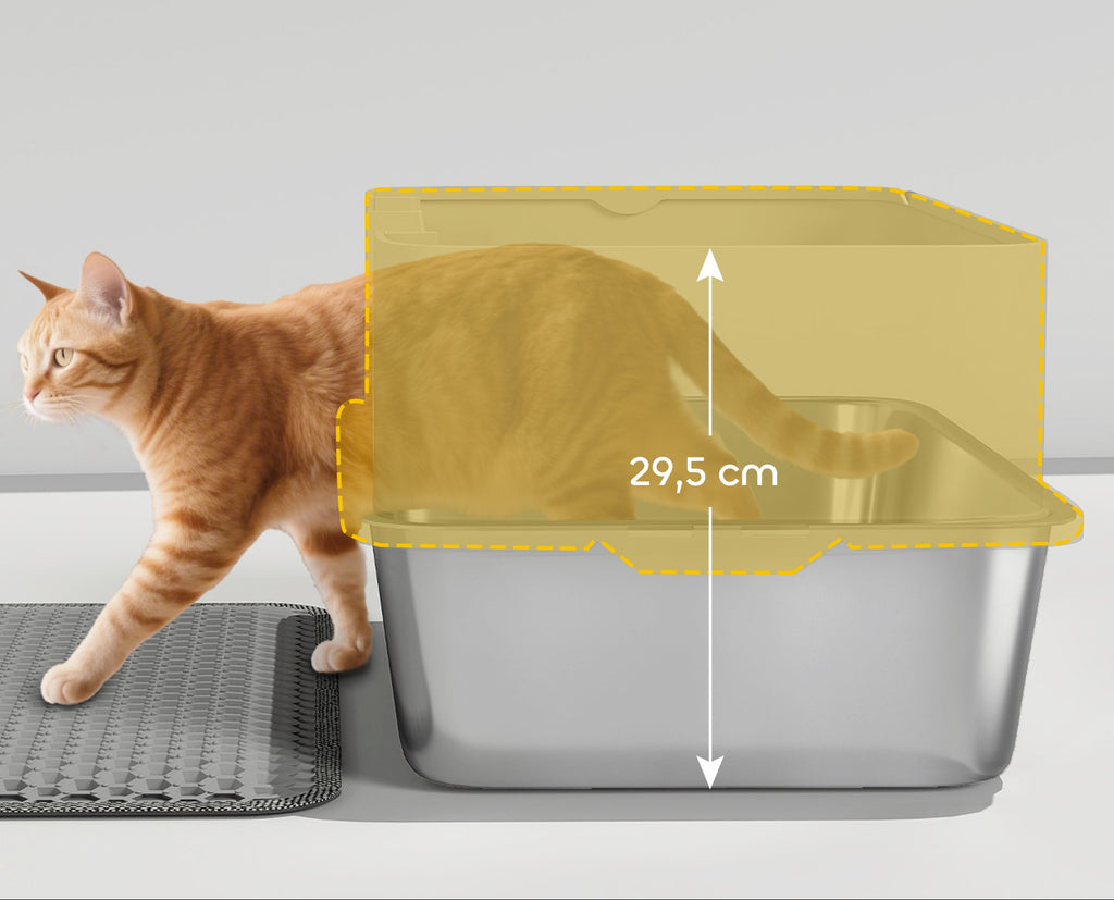 Öppen kattlåda i rostfritt stål med hög kant, spade och matta – 60,2 x 40,2 cm, Grå