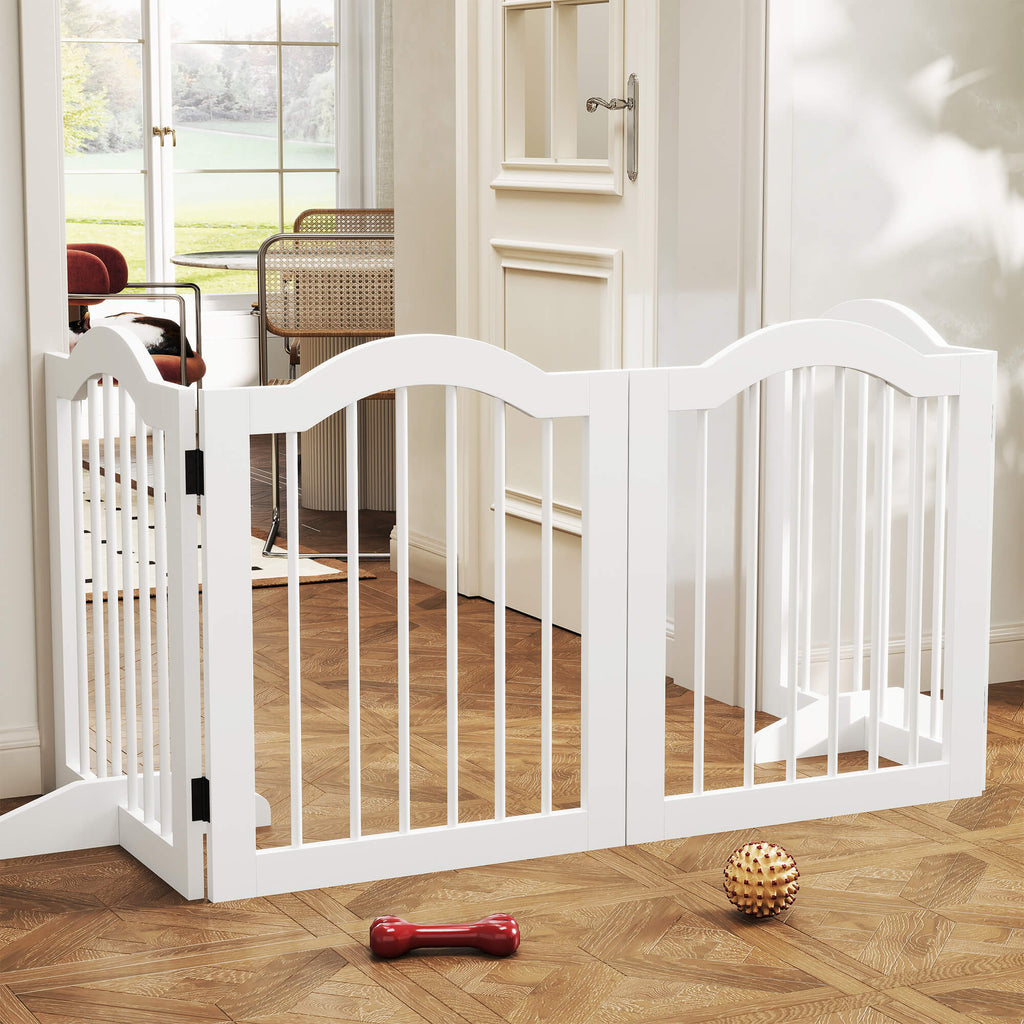 Fristående Hundgrind i Trä – 4 Paneler & Stödfötter (Vit, 203 cm)
