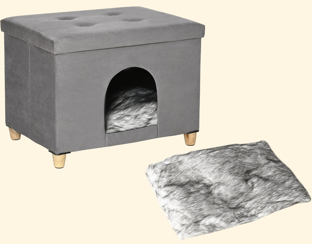 2-i-1 Kattgrotta och fotpall med mjuk dyna – Grå, 60 cm