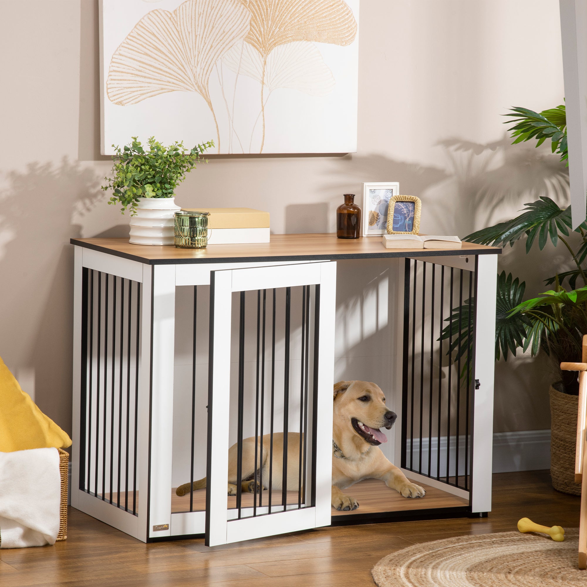 PawHut Dekorativ Hundbur Möbel – Mörk Valnöt/Vit – 106 x 60 x 76 cm